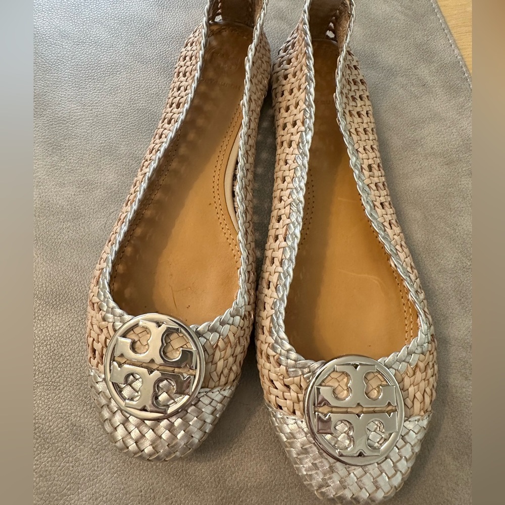 Tory Burch Light Taupe and Silver Woven Flats